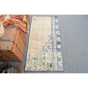 Alfombra Vintage de 2x3.9 pies, Alfombra Turca Pequeña, Alfombra de Lana con Diseño Floral Azul - Product Image 1