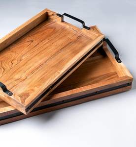 Plateau de service rectangulaire en bois de qualité supérieure avec poignées en fer, serveur à café, articles de cuisine, écologique, polyvalent, pour cadeau - Product Image 1