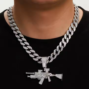 Iced Out Gun Pendentif Collier pour Homme Argent Moissanite Hip Hop Déclaration Cubain Chaîne Bijoux - Product Image 1