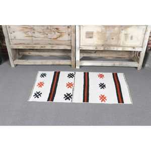 Tapis turc vintage, petit tapis de 1,7 x 3,2 pi (51 x 99 cm), tapis en laine à carreaux blancs - Product Image 2