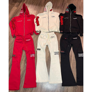 Vente la plus populaire Patchs chenille unisexes personnalisés et lettres de broderie Sweat à capuche zippé et pantalons de survêtement évasés Private Label Hommes Survêtements - Product Image 2