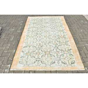 Vintage Turkish Area Rug 5x7.7 ft, <b>Yellow</b> Green Plants & trees Rug - Product Image 1