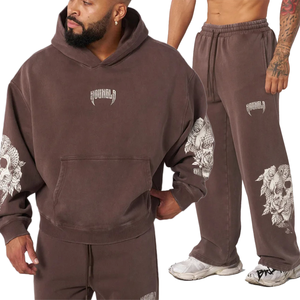 Patchs de broderie personnalisés Sweats à capuche vieillis 100% coton Sweat à capuche en éponge française Lavage à l'acide Ensemble sweat à capuche et pantalon de jogging vintage - Product Image 2