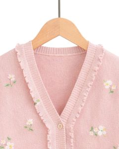 Manufacturer Customized <b>Women</b> Baby Pink Knit <b>Cardigan</b> Sweater <b>With</b> Floral Print Ruffle V Neck Button Front Cute Winter Fashion - Product Image 4