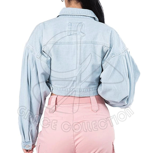 In New Arrival Casual <b>Women</b> <b>Cropped</b> <b>Denim</b> Jean <b>Jackets</b> For Custom Color Fitted Stretchy With Pockets - Product Image 3