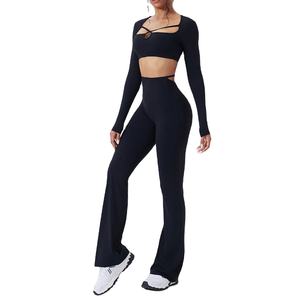 Combinaison de yoga unie à manches longues pour femme, idéale pour le sport, la gym, l'entraînement et la course, avec logo frontal et taille élastique - Product Image 3