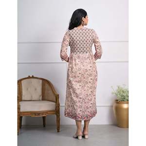 Vestido largo de algodón gris con estampado de bloques color crema, estilo casual hippie con cuello mandarín, transpirable, tallas XL a 5XL - Product Image 5