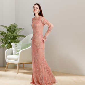 Vestido de noche elegante de diseñador para mujer, bordado a mano, mangas completas, con cuentas de lujo, lentejuelas, longitud natural hasta el suelo, ropa de fiesta - Product Image 4