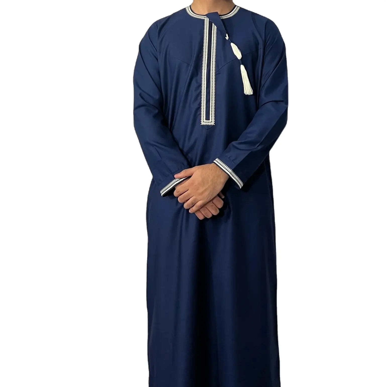Produk baru 100% poliester kain Thobe Saudi poliester 280gsm kain jubah Abaya mengkilap Jubbah pria warna biru tussle kustom