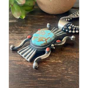 Handmade Ethnic Religious Style Chimney Butte #8 Turquoise & Coral Bezel Setting Pendant <b>Charm</b> Pendants Sterling <b>Silver</b> - Product Image 4