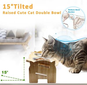 Cuencos elevados para gatos, cuencos elevados para comida de agua para gatos de acero inoxidable inclinados en ángulo de 15 grados, 2 cuencos para mascotas con soporte de madera Anti - Product Image 3