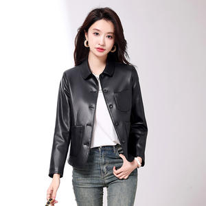 Veste en cuir PU réversible pour femmes pour automne hiver fermeture à bouton unique Style Moto Logo avant bouton décoratif solide - Product Image 3