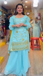 Lancement d'un nouveau design haut pantalon avec ensemble Dupatta fausse georgette avec broderie de séquence travail avec robe fantaisie à manches ballon - Product Image 6