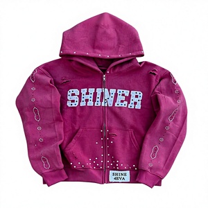 Sudadera con Capucha de Invierno para Hombre de Calidad Premium, Tejida, con Patrón de Letras con Efecto Desgastado y Pedrería en la Parte Delantera, en Tela de Forro Polar de Más de 450 g/m² - Product Image 4