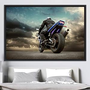 Tableau sur toile élégant sur le thème de la moto : motif imprimé temps nuageux, toile encadrée noire - Product Image 1