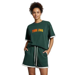 Conjunto de 2 piezas de camiseta oversize y pantalón corto para mujer, 100% algodón, hecho a medida, con logo de encaje serigrafiado, 180 g/m², color liso, estilo High Street hasta la rodilla. - Product Image 1