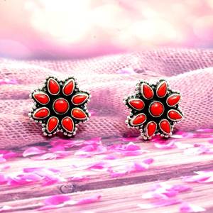 925 Sterling <b>Silver</b> Boho Stud <b>Earring</b> Natural Red Coral with Rose Gold Finish <b>Wedding</b> or Anniversary Gift for Her - Product Image 2