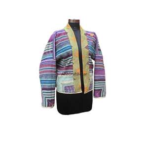 100% puro algodón tejido Kantha cuello alto hecho a mano Vintage chaqueta mujer botón todas las estaciones Reversible - Product Image 5
