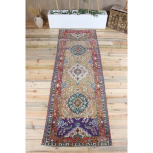 พรมวิ่งสไตล์ตุรกี ขนาด 3.1x9.5 ฟุต ลายดอกไม้สีรุ้ง วินเทจ ทำจากขนสัตว์ - Product Image 1