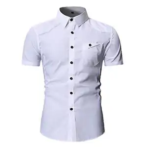 新产品纽扣半袖休闲正式白色连衣裙衬衫修身工作热卖男士连衣裙衬衫