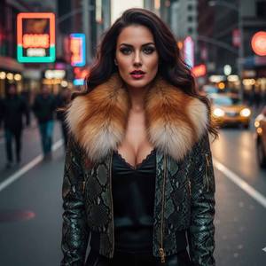 Veste de motard en cuir véritable à carreaux pour femme avec col en fourrure de renard, coupe-vent, streetwear d'hiver, fermeture éclair - Product Image 1