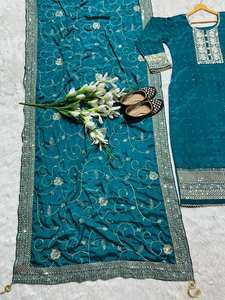 2024 exclusif semi-cousu en soie de qualité lourde Salwar Kameez costume ethnique style pakistanais avec manches complètes et Dupatta - Product Image 6