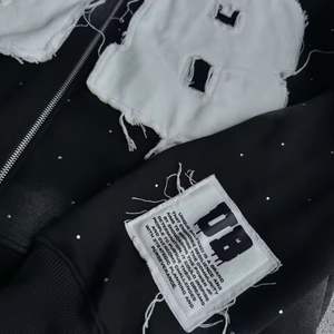 Streetwear Diseño de cremallera Algodón Lavado ácido Sudadera con capucha Bordado de diamantes de imitación Sun Faded Sudaderas con capucha desgastadas - Product Image 5