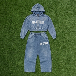 Women <b>Cropped</b> <b>Zip</b> <b>Up</b> <b>Hoodie</b> and Wide Leg Sweatpants Two Piece Acid Wash Rhinestone Tracksuit Set - Product Image 6