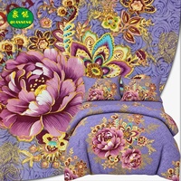Tissu en polyester brossé à motif floral violet imprimé, motif pivoine orné, vente en gros