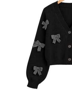 Manufacture Customized <b>Women</b> Black <b>Cropped</b> Knit <b>Cardigan</b> Sweater With Grey Bow Applique V Neck Button Front Cute Winter Fashion - Product Image 4