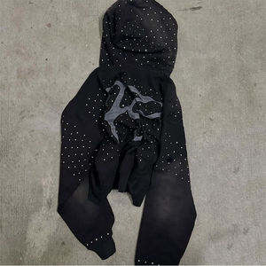 Custom Rhinestone Acid Wash <b>Hoodie</b> <b>Men</b> Embroidery Patch logo French Terry Streetwear Vintage Distressed <b>Zip</b> up Hoodies - Product Image 2