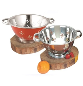 Stainless steel colander set, red and silver, decorative perforated design, pedestal base, with handles available at wholesales - Product Image 1