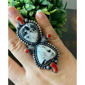 White Buffalo Turquoise Coral Sterling <b>Silver</b> Statement <b>Ring</b> Size 9.75 for <b>Men</b> - Product Image 3
