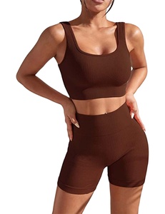Ensembles d'entraînement haut de gamme pour femmes, 2 pièces : Crop top à col carré et short cycliste taille haute, sans couture, respirant, séchage rapide, vêtements de sport - Product Image 1