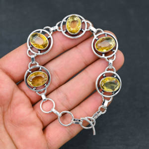 Joyería fina, piedra preciosa citrino amarillo creada en laboratorio, hecha a mano, pulsera de cadena chapada en plata 925, regalo de diseñador para mujer - Product Image 1