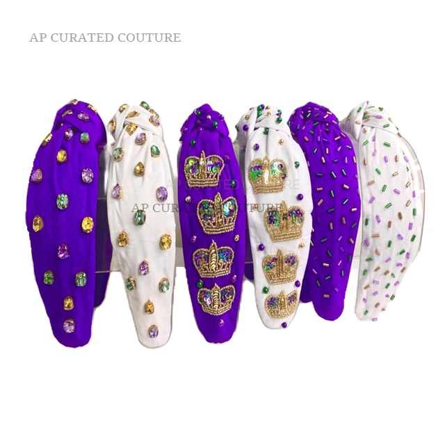 Handmade Unique Mardi Gras Purple Green Yellow Beaded Embroidered Pearl Headband for Women and Girls Colorful Design