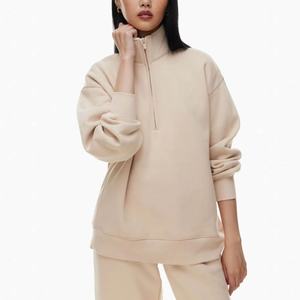 Conjunto de chándal de jersey con media cremallera Beige para mujer, conjunto de 2 piezas, Sudadera de cuello alto y pantalones de Jogger de ajuste relajado - Product Image 1