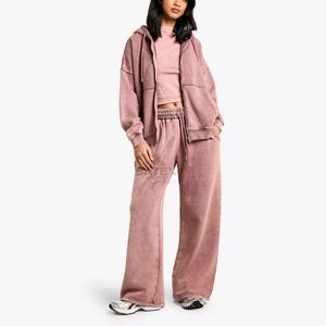 Nuevo Chándal Deportivo con Capucha y Cremallera para Mujer, con Logotipo Personalizado, Lavado Ácido, Estilo Informal, Patrón Sólido, Invierno, 100% Algodón, Pantalones Jogger de Pierna Ancha - Product Image 3