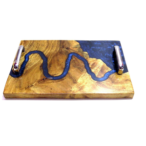 Acacia Wood and <b>Epoxy</b> Resin Serving Tray with <b>Metal</b> Handle Customized Size for Home Storage and Food by saniya handicraft - Product Image 1