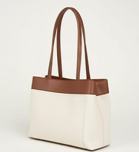 Two Tone Cream Brown Leather Candy Water Resistant Women's Luxury Tote <b>Bag</b> Shoulder Purse <b>Large</b> <b>Work</b> Handbag Gold Turn Lock - Product Image 3
