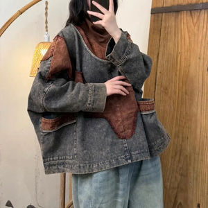 Printemps Automne Nouveaux Arts Style Femmes Manches Col Roulé Pulls Coton Denim Vintage Patchwork Lâche À Capuche Manteau - Product Image 2