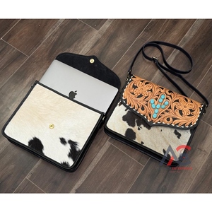 Bolso cruzado de moda con mangas para ordenador portátil de cuero mecanizado a mano personalizado de alta calidad para mujer, bolsas de trabajo antirrobo portátiles duraderas - Product Image 1