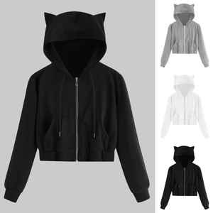 Sudadera con capucha personalizable de lana 100%, Sudadera con capucha y orejas de gato, Top corto con cremallera y bolsillo, sudaderas con capucha sólidas bordadas OEM de manga larga - Product Image 2