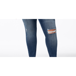 Jeans Skinny Strappati da Donna Taglie Forti, Stile Casual con Collo Alto, Lavaggio Chiaro, Tessuto Morbido, Estivi, Blu, Petite 4XL - Product Image 3