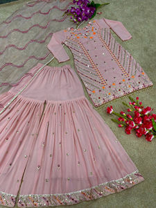 Premium indio pakistaní diseñador moderno étnico Georgette tela dibujado a mano fiestas vestido-adultos Sharara traje Palazzo para mujeres - Product Image 6