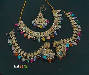 Elegant Jewellery Indian Wedding Function CZ Stone Studded With <b>Pearl</b> Work <b>Necklace</b> Set <b>Earrings</b> with Hair Chain & Mangtika Set - Product Image 2