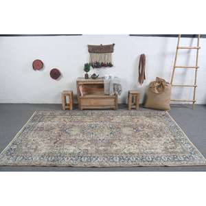 Alfombra Turca Vintage Grande de 5.2x8.6 pies, Alfombra de Lana Azul con Diseño de Patchwork - Product Image 3