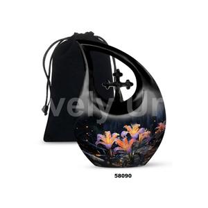 Urna conmemorativa de cremación con tema de flores de lágrima negra para cenizas humanas Urna cruzada decorativa con bolsa de terciopelo gratis - Product Image 2