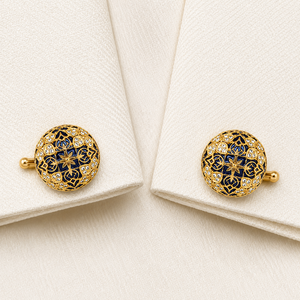 Boutons de manchette ronds en filigrane émaillé bleu marine faits à la main, en laiton plaqué or pour homme, cadeau de fiançailles ou d'anniversaire - Product Image 3