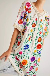 Nuevo atractivo Floral gitano Boho bordado trabajo cuello redondo hasta la rodilla corto Mujer elegante bordado a mano 100% algodón Casual - Product Image 5